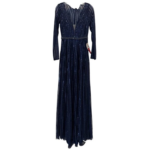 NWT Mac Duggal 11184 Plunging Striped Sequin Long Sleeve Gown in Midnight Size 2 - Picture 3 of 12